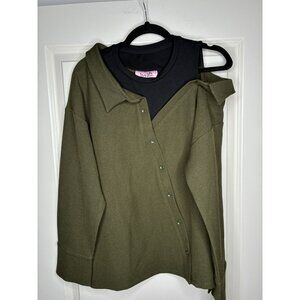 b+ab Off the Shoulder Green Knit Button Down Shirt Size 38 or XS